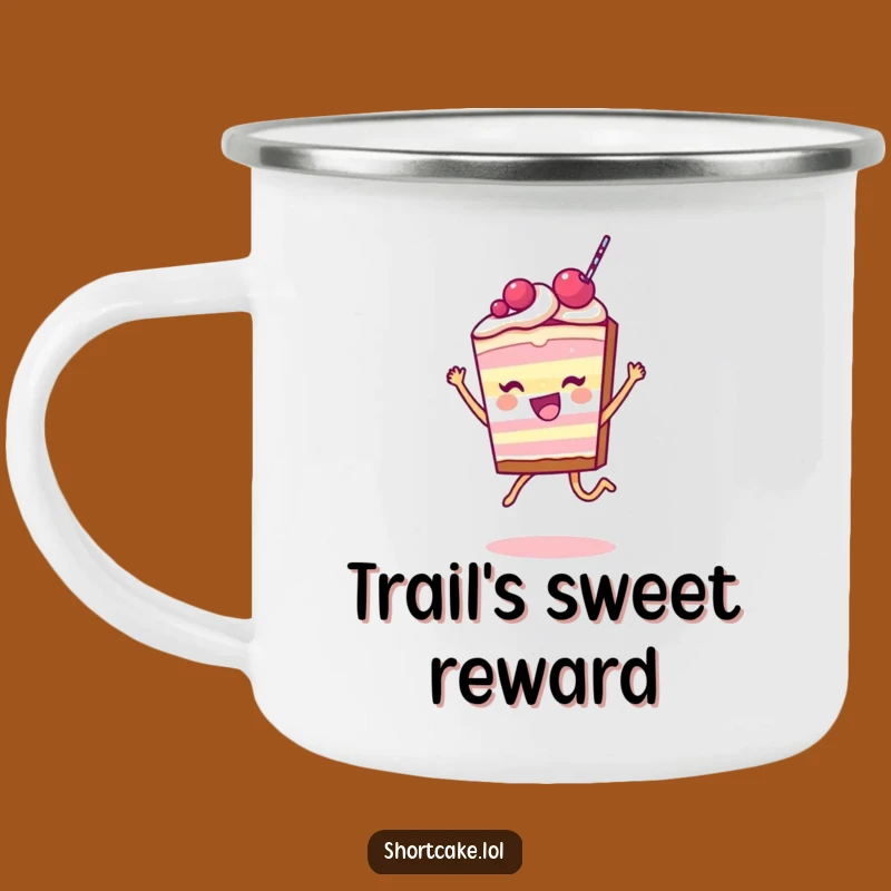 Funny Shortcake Slice Camping Mug: Joyful Leap Character, Outdoor Hilarious Gift