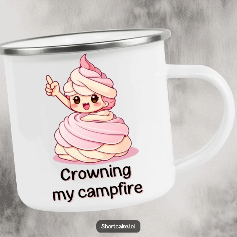 Funny Shortcake Camping Mug showing a triumphant shortcake character striking a pose on a whipped cream swirl.