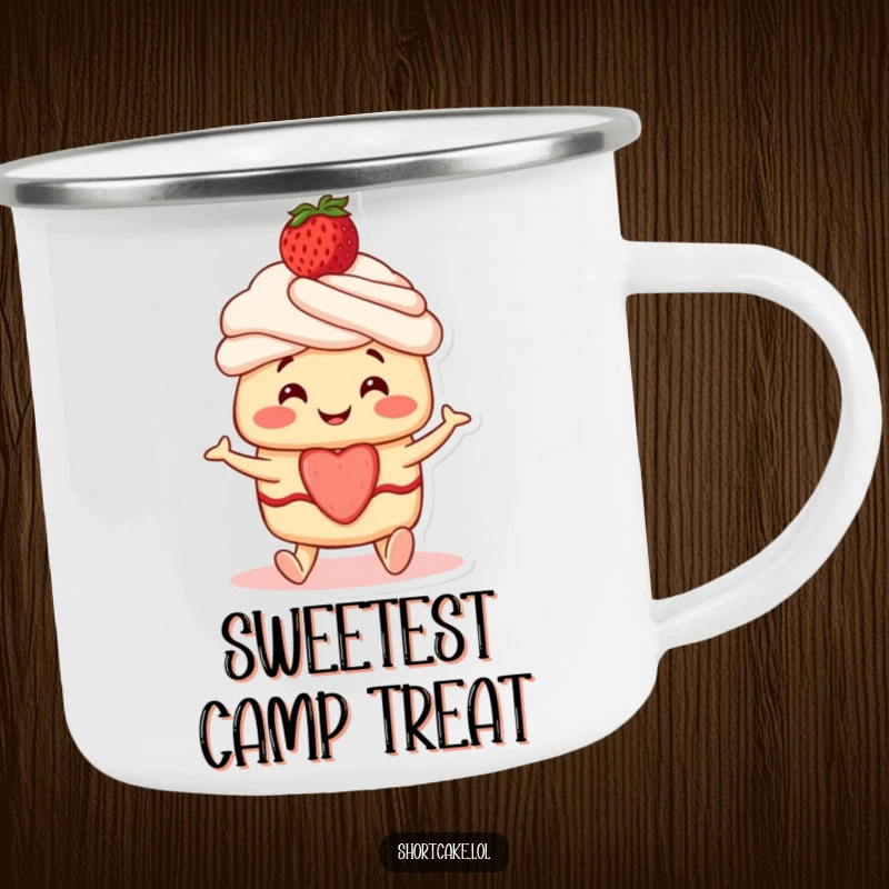 Funny Shortcake Camping Mug: A smiling shortcake character with a strawberry on top wiggling its feet, for outdoor sweetness.