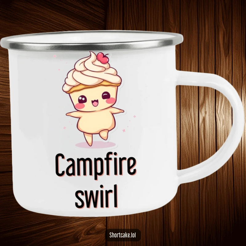 Funny camping mug showing a shortcake slice character in a playful spin, its cream topping swirling, perfect for outdoor drinks.