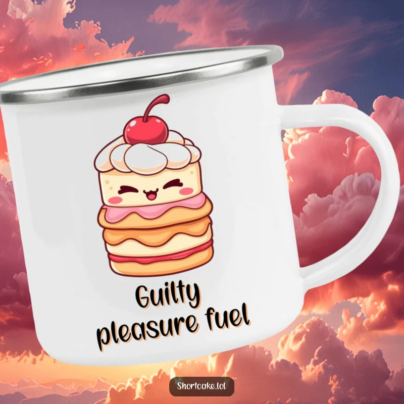 Funny shortcake camping mug featuring a layered dessert with a cherry winking mischievously, great for outdoor humor.