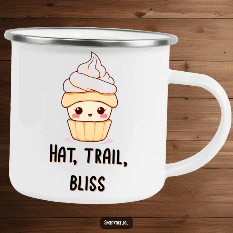 Funny Shortcake Hat Camping Mug with a cute dessert character wearing a tiny whipped cream hat, durable for outdoor adventures and a funny gift.