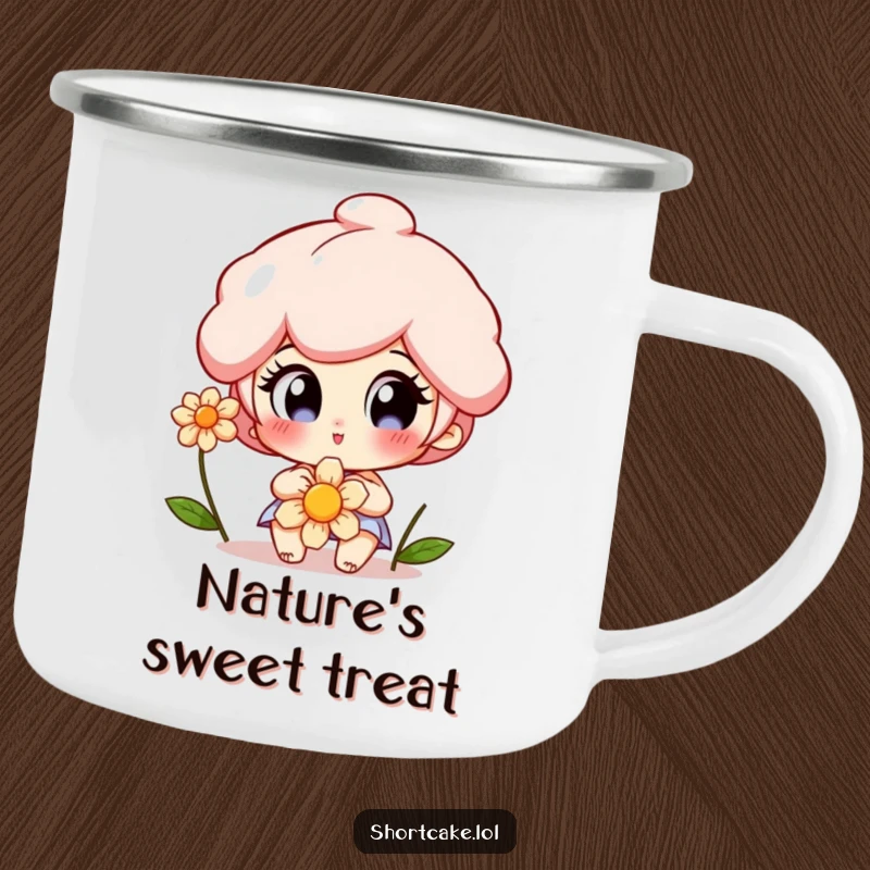 Funny Shortcake Camping Mug featuring a character with wide, delighted eyes admiring a flower, perfect for enjoying nature's beauty.
