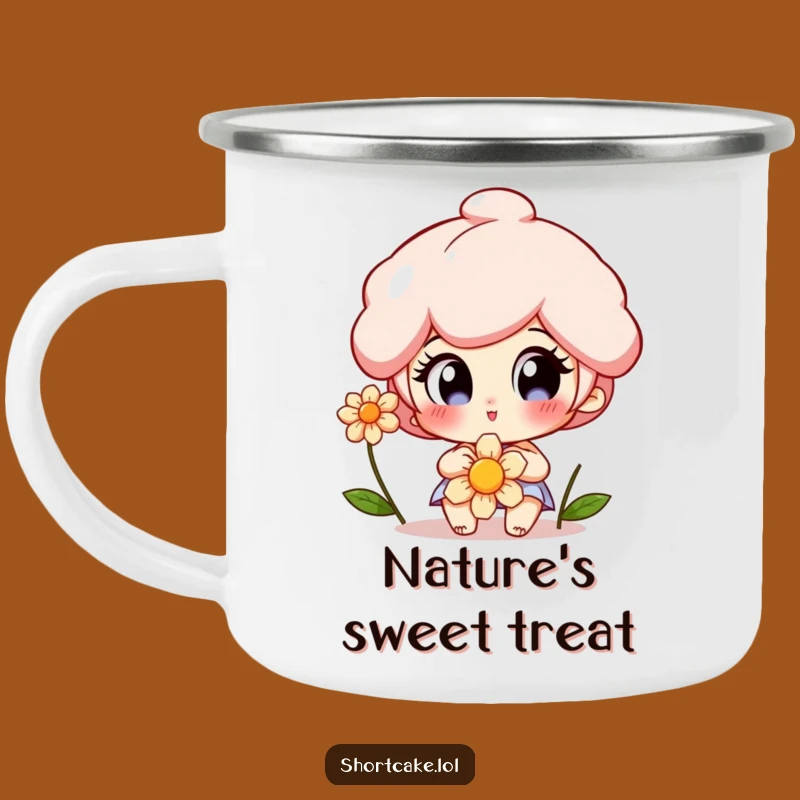 Funny Shortcake Camping Mug: Delighted Eyes Flower Scene, Outdoor Gift