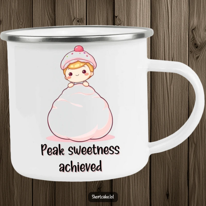 Funny shortcake camping mug, sitting on meringue, happy, outdoor fun, durable, humorous.