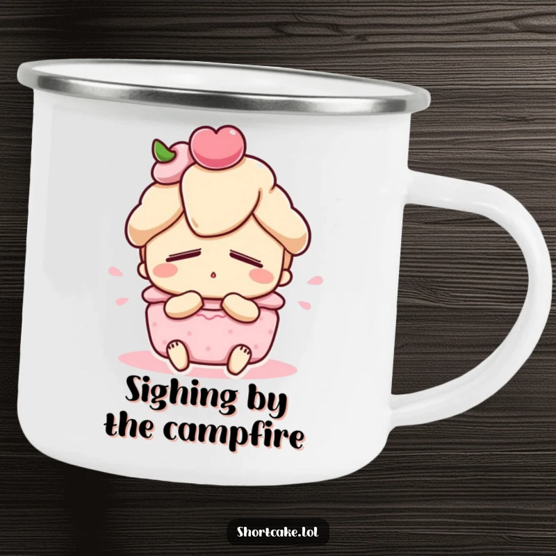 Funny shortcake camping mug, cute dessert character with eyes closed, satisfied sigh, enamel mug, great funny gift.