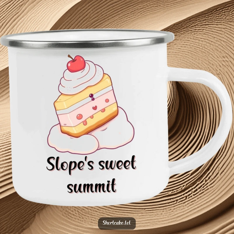 Funny camping mug showing a shortcake slice adventurously sliding down a whipped cream mountain, perfect for outdoor laughs.