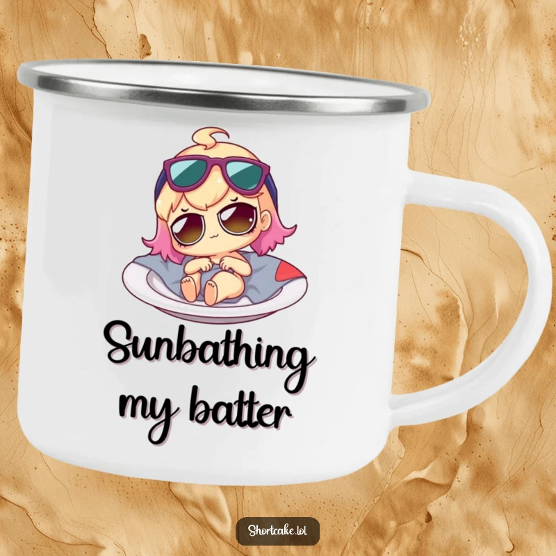 Funny shortcake character wearing tiny sunglasses, lounging on a plate, ready for outdoor adventures on a sturdy camping mug.