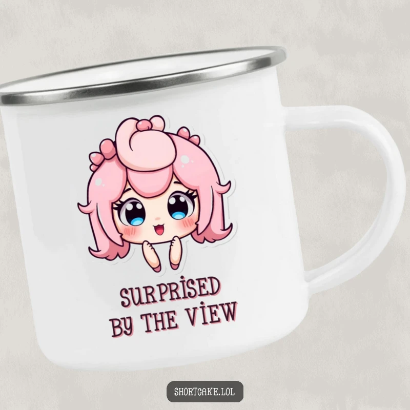 Funny shortcake camping mug, cute dessert character with wide, jammy eyes, surprised expression, enamel mug, great funny gift.