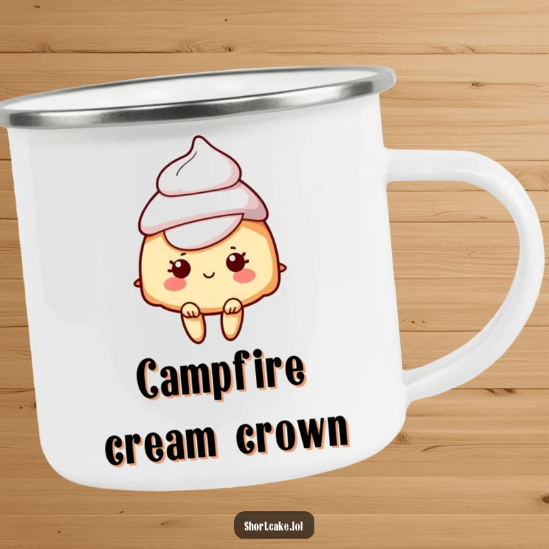 Funny camping mug with a shortcake character wearing a dollop of cream as a hat, perfect for outdoor enjoyment.