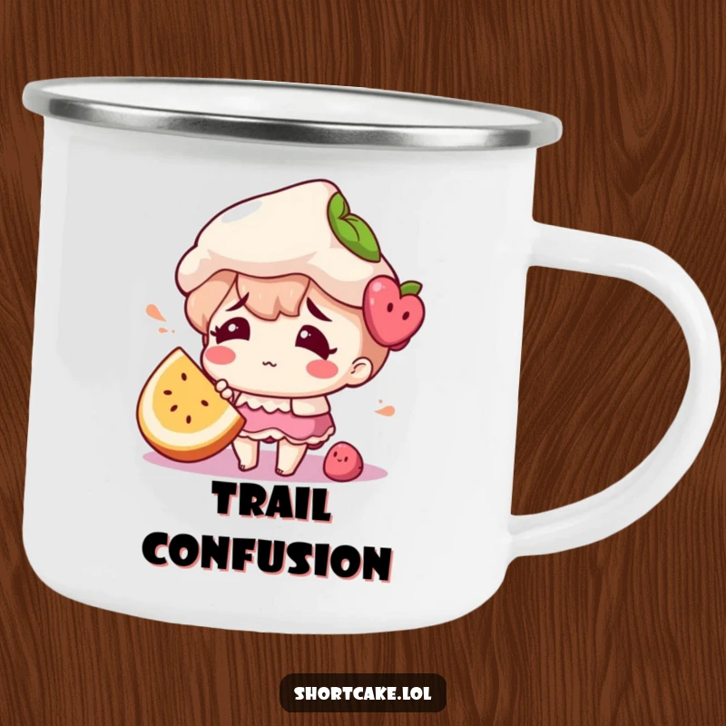 Funny camping mug with a shortcake character looking confused, a fruit slice misplaced, ready for nature.