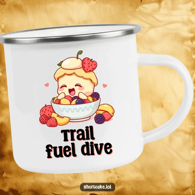 Funny shortcake camping mug, diving into fruit, enthusiastic, outdoor fun, durable, humorous.