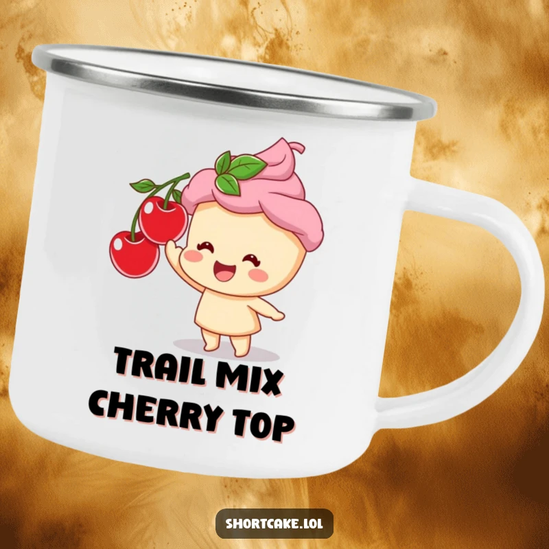 Funny camping mug featuring a smiling shortcake character reaching for a cherry, perfect for enjoying beverages outdoors.