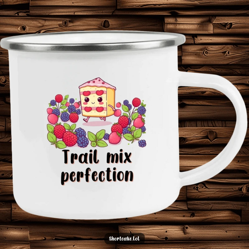 Funny shortcake slice with tiny legs skipping through berries, a sturdy and humorous camping mug for sweet sips outdoors.