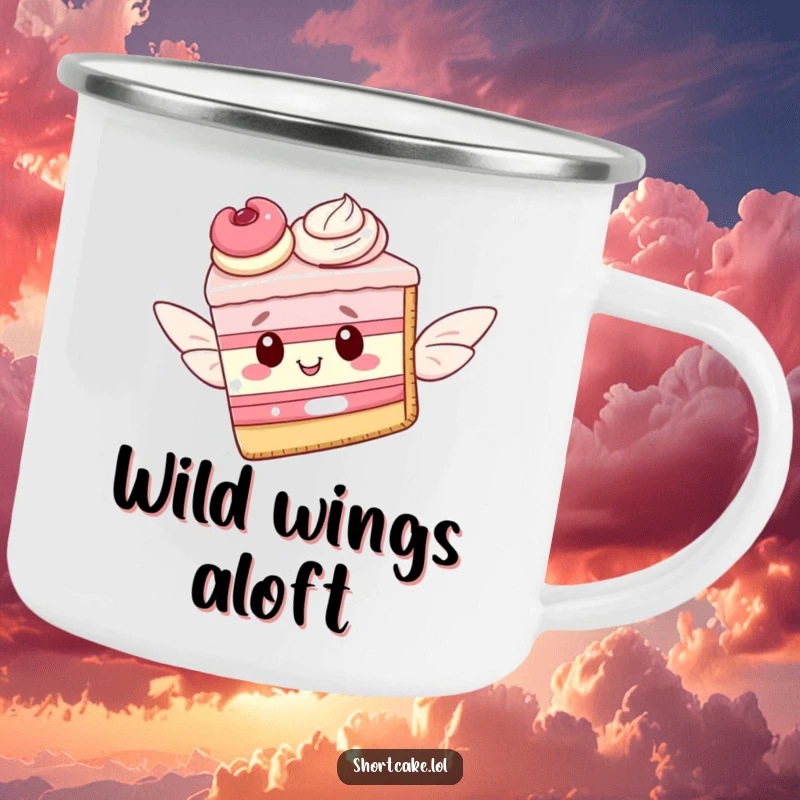Funny camping mug showing a shortcake slice with pastry wings, soaring towards the sky, ready for outdoor escapades.