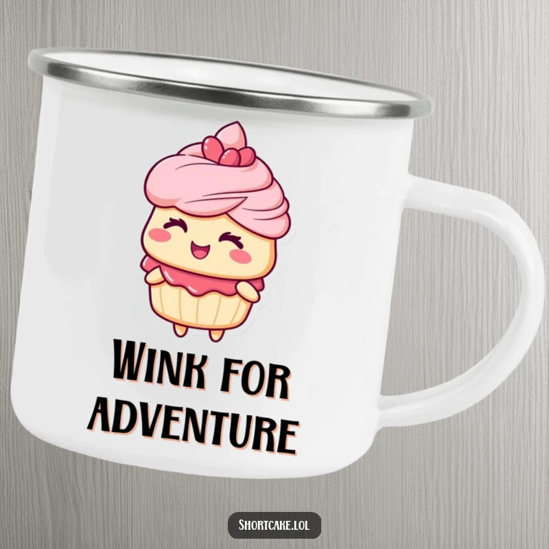 Funny camping mug with a shortcake character giving a playful wink, perfect for outdoor enthusiasts who enjoy humor and charm.