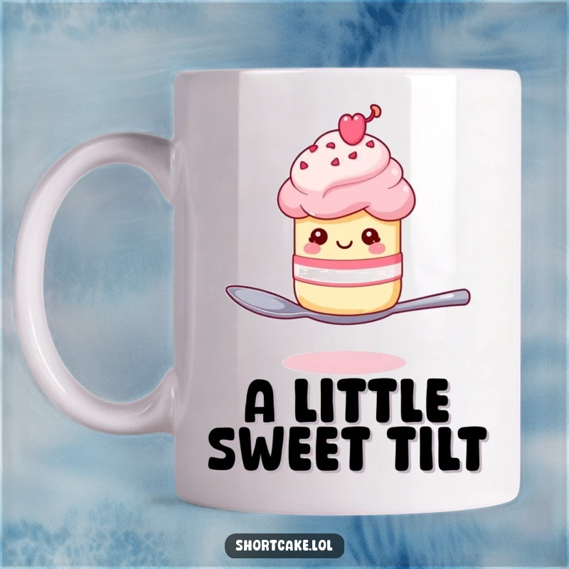 Funny shortcake winking on a spoon mug, a mischievous dessert character in a precarious yet charming pose.