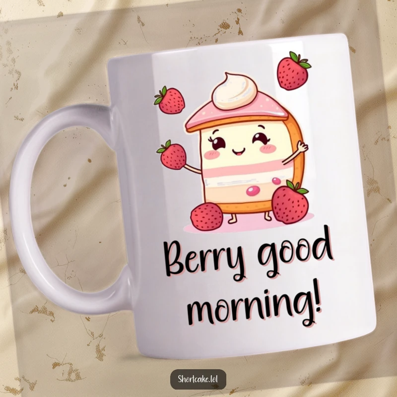 Funny shortcake mug featuring a smiling slice juggling three small berries, perfect for dessert lovers and humor fans.
