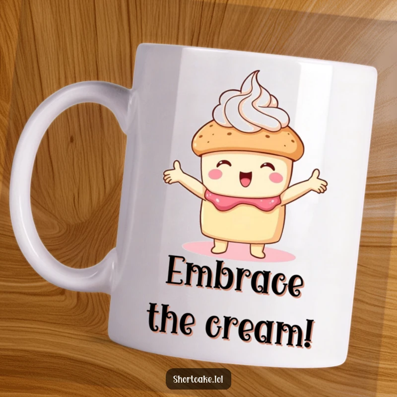 Funny shortcake mug featuring a shortcake embracing whipped cream with open arms, perfect for dessert lovers and hug enthusiasts.