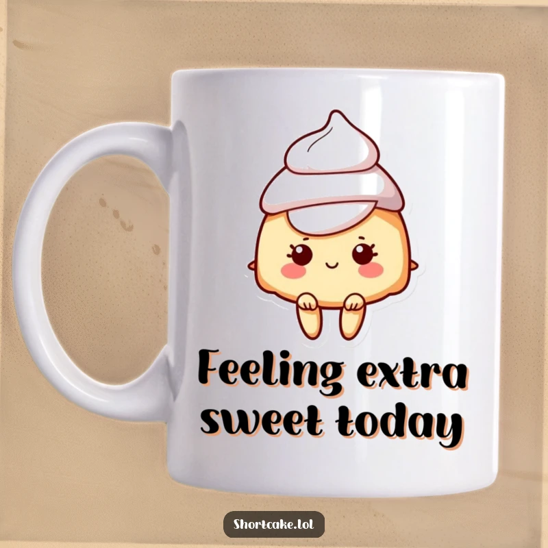 Funny mug featuring a shortcake character sporting a fluffy dollop of cream as a stylish hat.