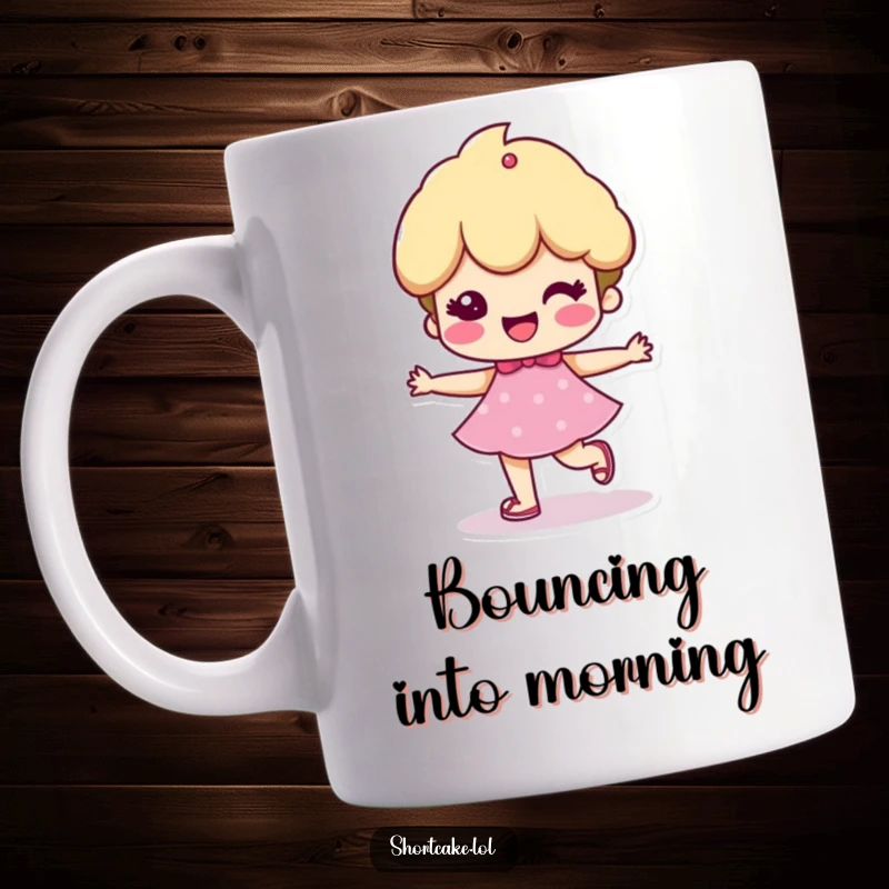 Funny mug depicting a happy shortcake character taking a cheerful, bouncy step, radiating pure joy and energy.