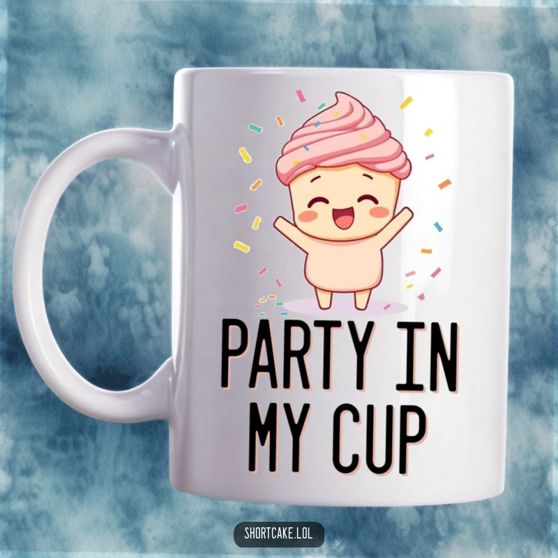 Funny shortcake doing a confetti toss mug, a joyful dessert character celebrating with a vibrant shower of confetti.