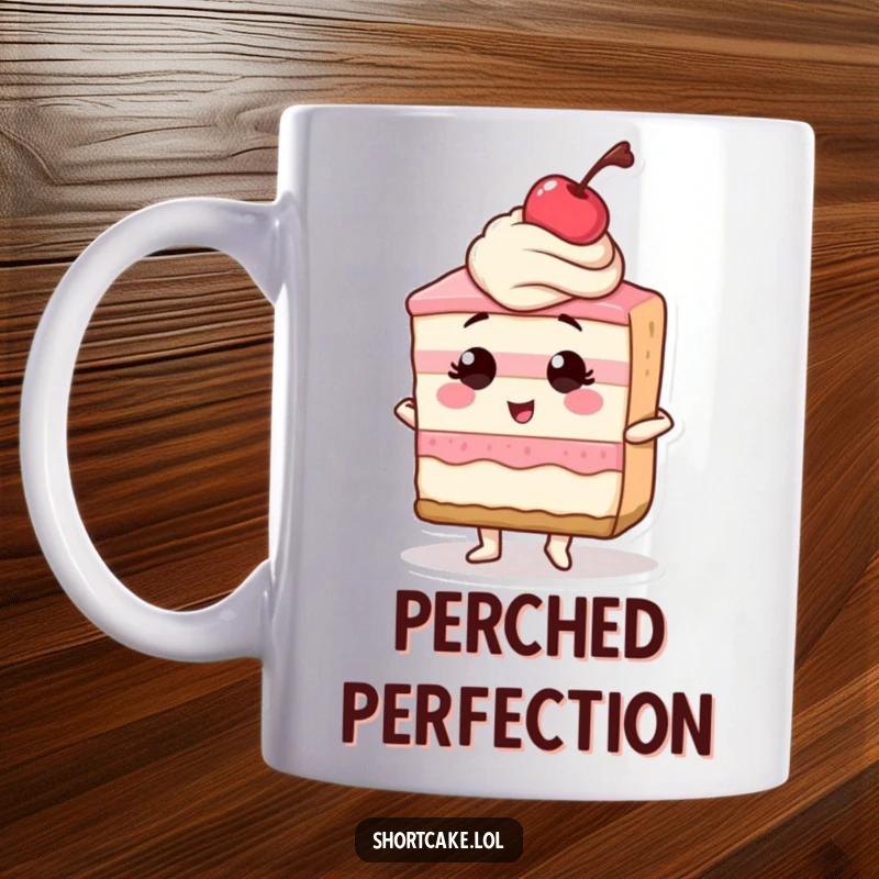 Funny mug featuring a shortcake slice standing tall and proud, topped with a cherry, exuding confidence and dessert charm.