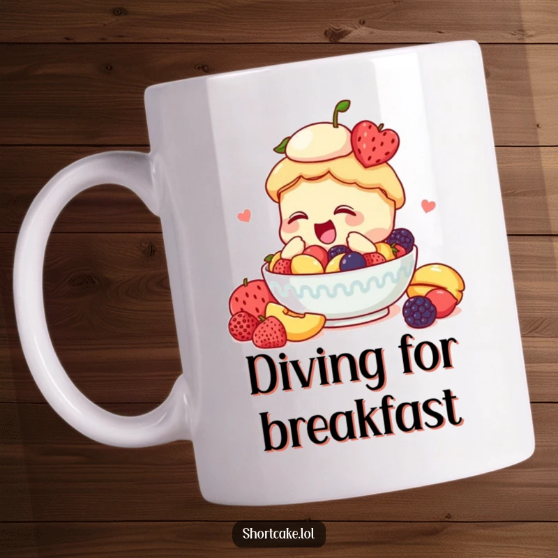 Funny shortcake mug, enthusiastically diving, bowl of fresh fruit, joyful and energetic, perfect gift.
