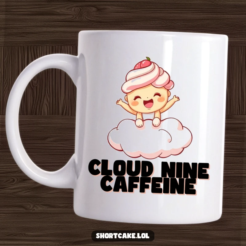 Funny shortcake mug featuring a giggling shortcake bouncing enthusiastically on a fluffy cloud, perfect for dessert lovers and joy seekers.