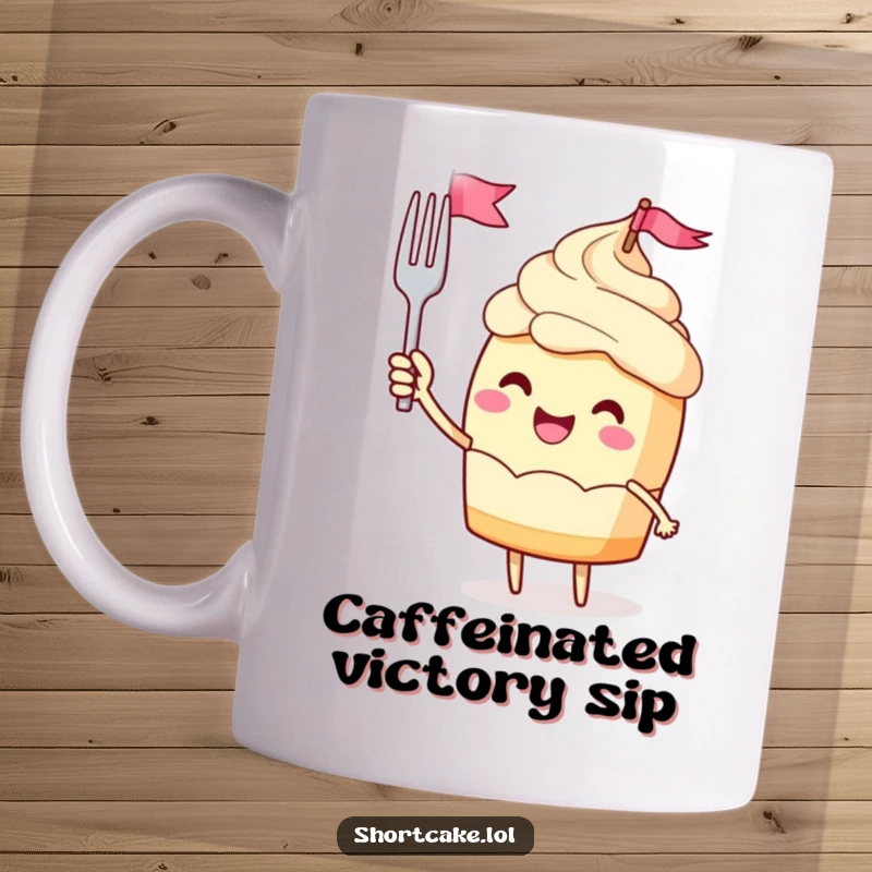 Funny mug showing a jubilant shortcake character enthusiastically waving a miniature fork flag, celebrating with joy.