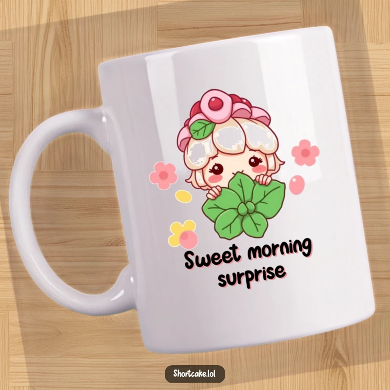 Funny Shortcake Mug: A sweet shortcake character peeks from behind a mint leaf with a playful grin, full of dessert joy.
