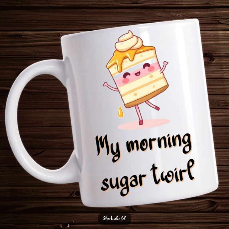 Funny Mug featuring a shortcake slice performing a whimsical pirouette, syrup trailing behind, bringing joy and humor.