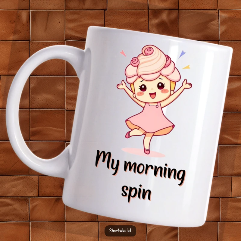 Funny mug featuring a happy shortcake character performing an energetic, celebratory pirouette with frosting flying.