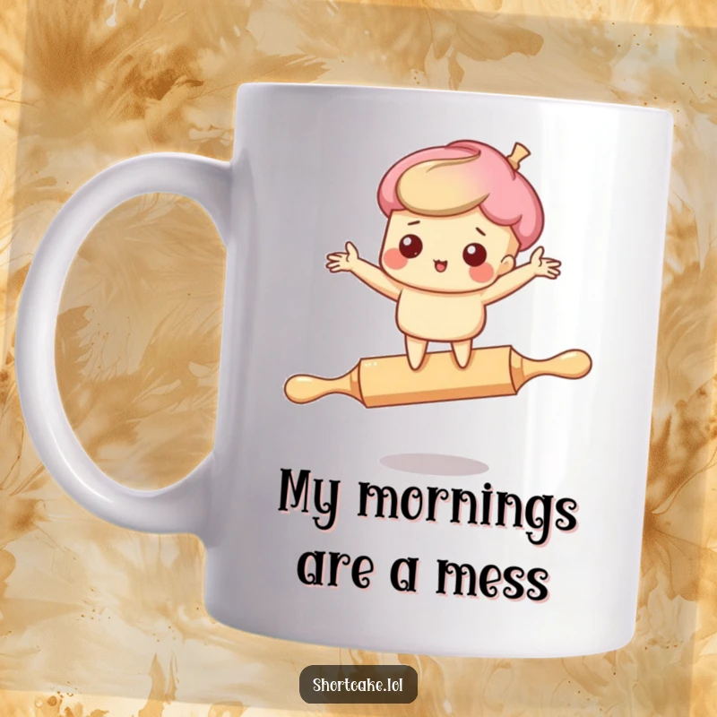 Funny mug design: A cartoon shortcake character hilariously losing balance on a rolling pin, arms flailing in panic.