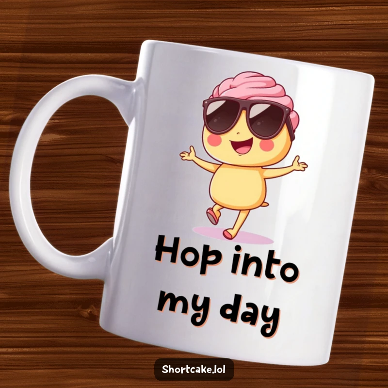 Funny shortcake mug, sunglasses on, confidently hopping with a grin, cool and cheerful, perfect gift.