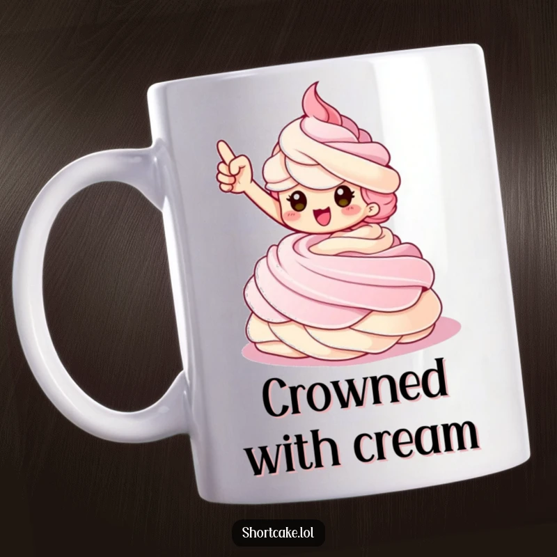 Funny Shortcake Mug featuring a triumphant shortcake character striking a pose on top of a beautiful whipped cream swirl.
