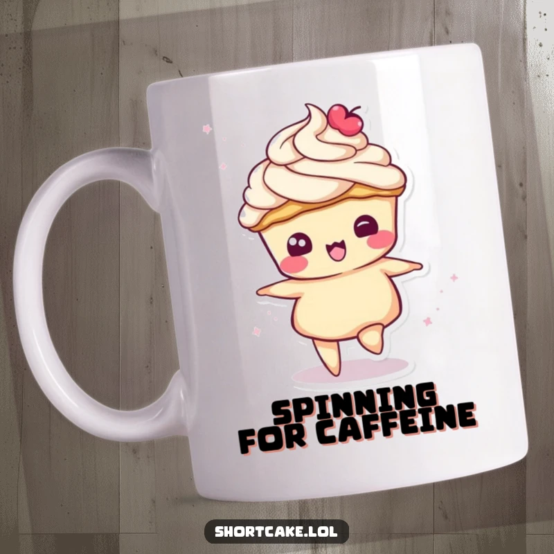 Funny mug depicting a shortcake slice character in a playful spin, its cream topping swirling with delight.