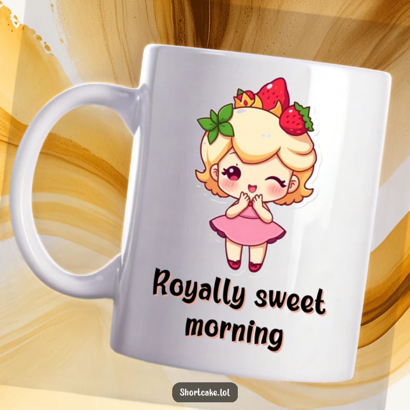 Funny shortcake character wearing a crown adorned with strawberries, elegantly performing a curtsy, a delightful mug.