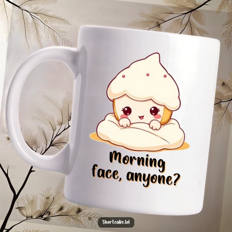 Funny kawaii shortcake character peeking from creamy frosting, making a silly, exaggerated funny face. Hilarious dessert art. Gift.