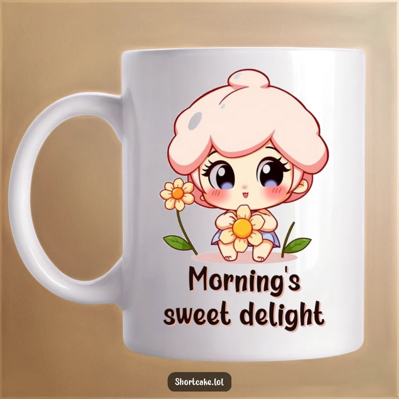 Funny Shortcake Mug featuring a character with wide, delighted eyes, mesmerized by a beautiful flower, radiating innocence and joy.