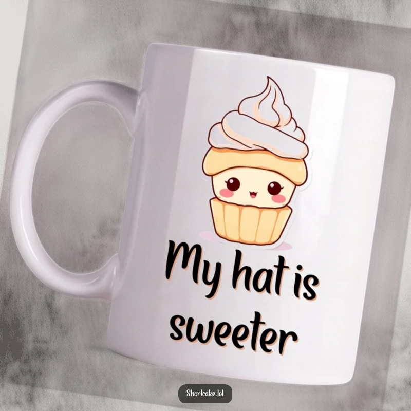 Funny Shortcake Hat Mug featuring a cute dessert character with a dollop of whipped cream as a hat, exuding playful charm for a sweet gift.