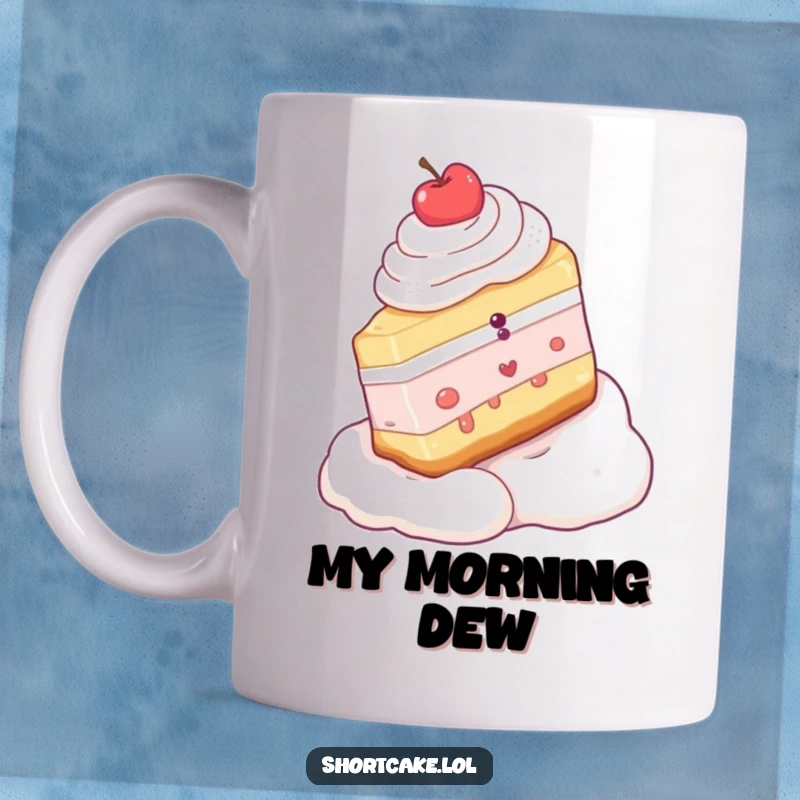 Funny mug featuring a shortcake slice joyfully sliding down a whipped cream slope, capturing a moment of sweet, creamy adventure.