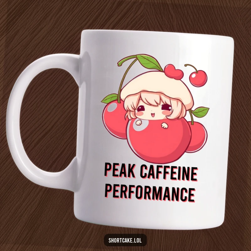 Funny Mug featuring a cute shortcake character peeking playfully from behind a giant, juicy cherry, full of sweet mischief.