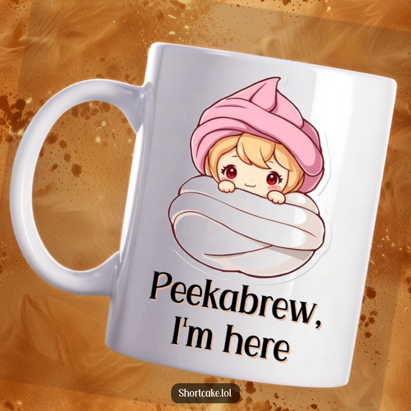 Funny mug with a cute shortcake character playfully peeking from behind a fluffy meringue swirl, exuding playful mischief.