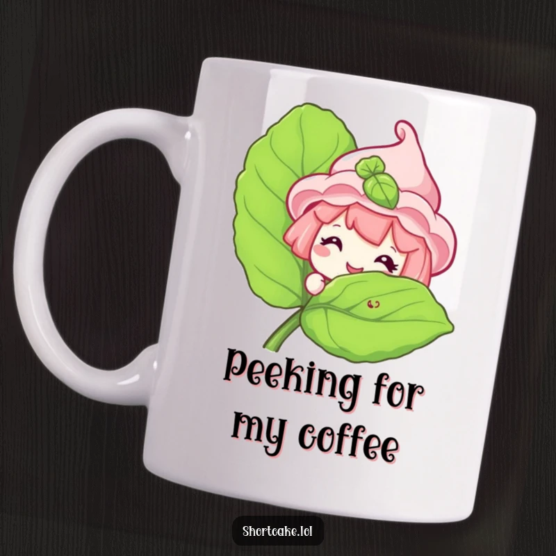 Funny Shortcake Mug featuring a cheerful shortcake character peeking with a grin from behind a large mint leaf.