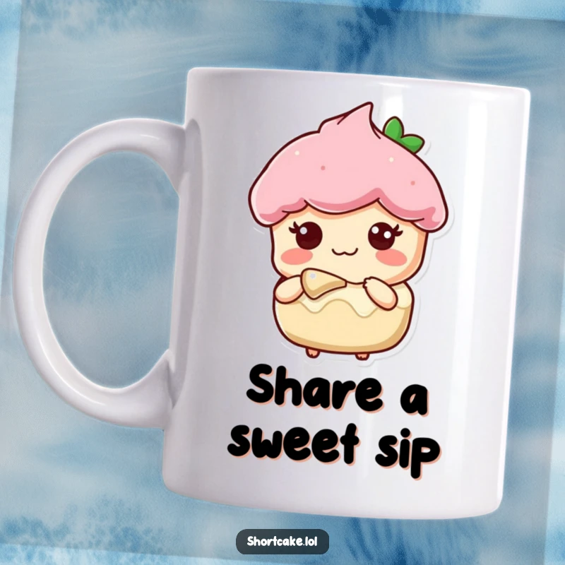 Funny mug featuring a shortcake slice character with a sweet expression, offering a delicious bite to share.