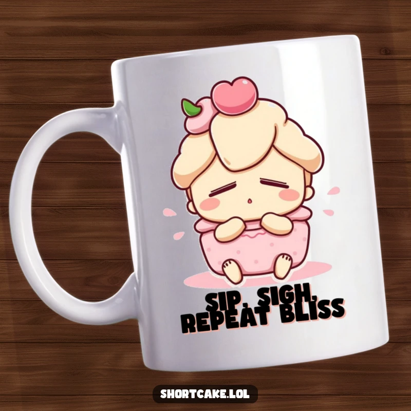 Funny shortcake character mug, depicted with eyes closed, giving a satisfied sigh, conveying pure dessert joy, great funny gift.