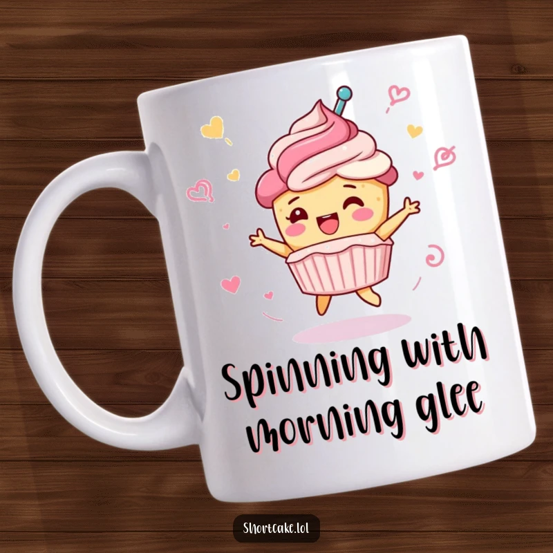 Funny shortcake character mug, depicted doing a celebratory spin with frosting swirls, conveying pure joy, great funny gift.