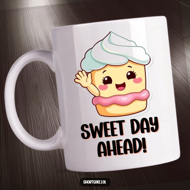 Funny happy shortcake waving mug, a delightful dessert character with a cheerful expression, spreading joy.