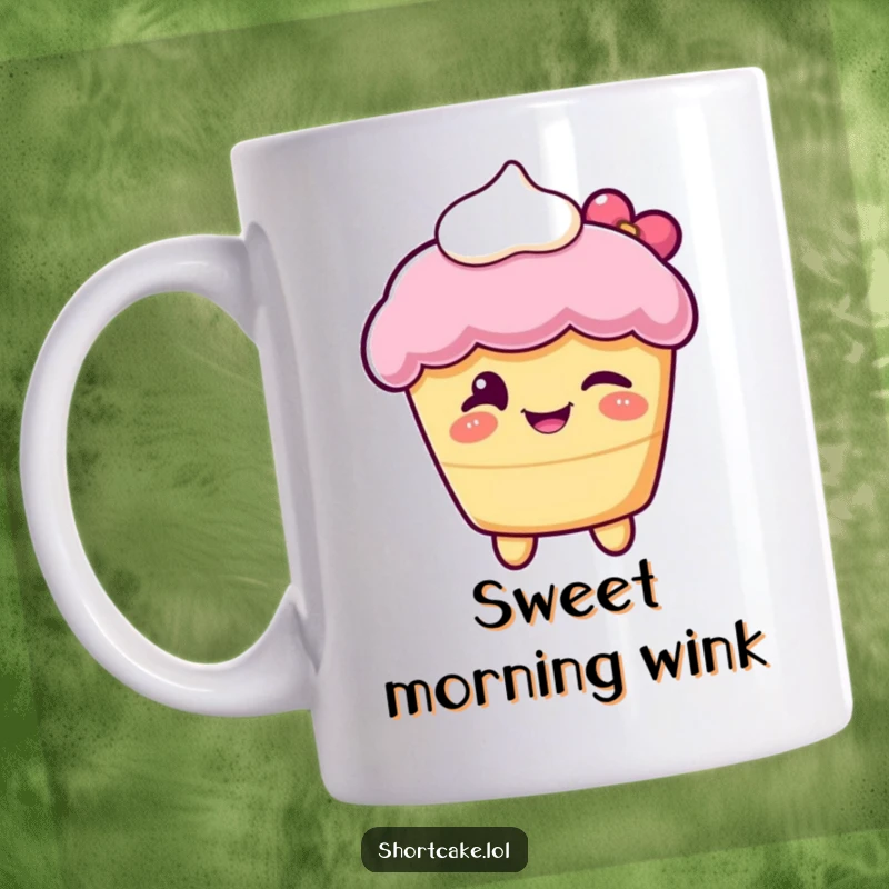 Funny mug featuring a delighted shortcake character with cream, winking playfully, expressing joy and sweetness for a perfect gift.